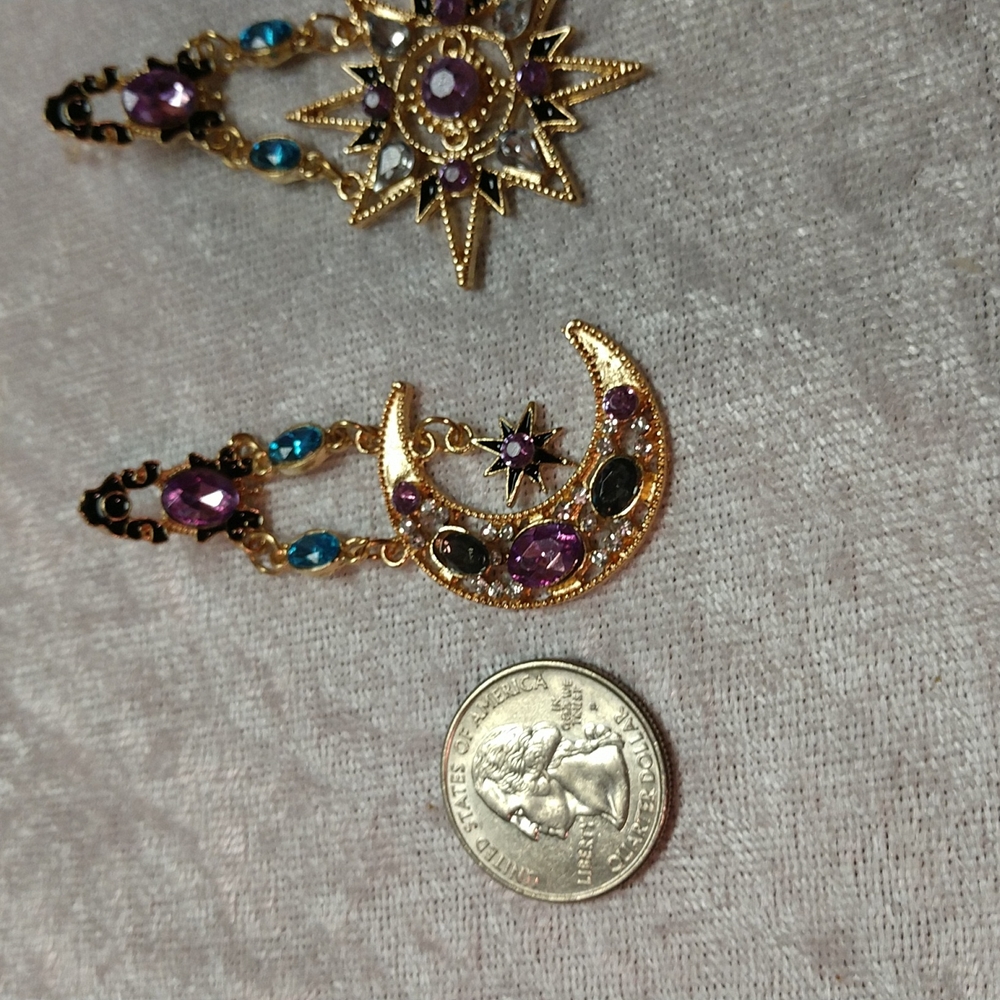 Celestial Earrings Sun Moon Star Dangle 2 6/8" Light - Medium Weight Bling - Picture 6 of 10